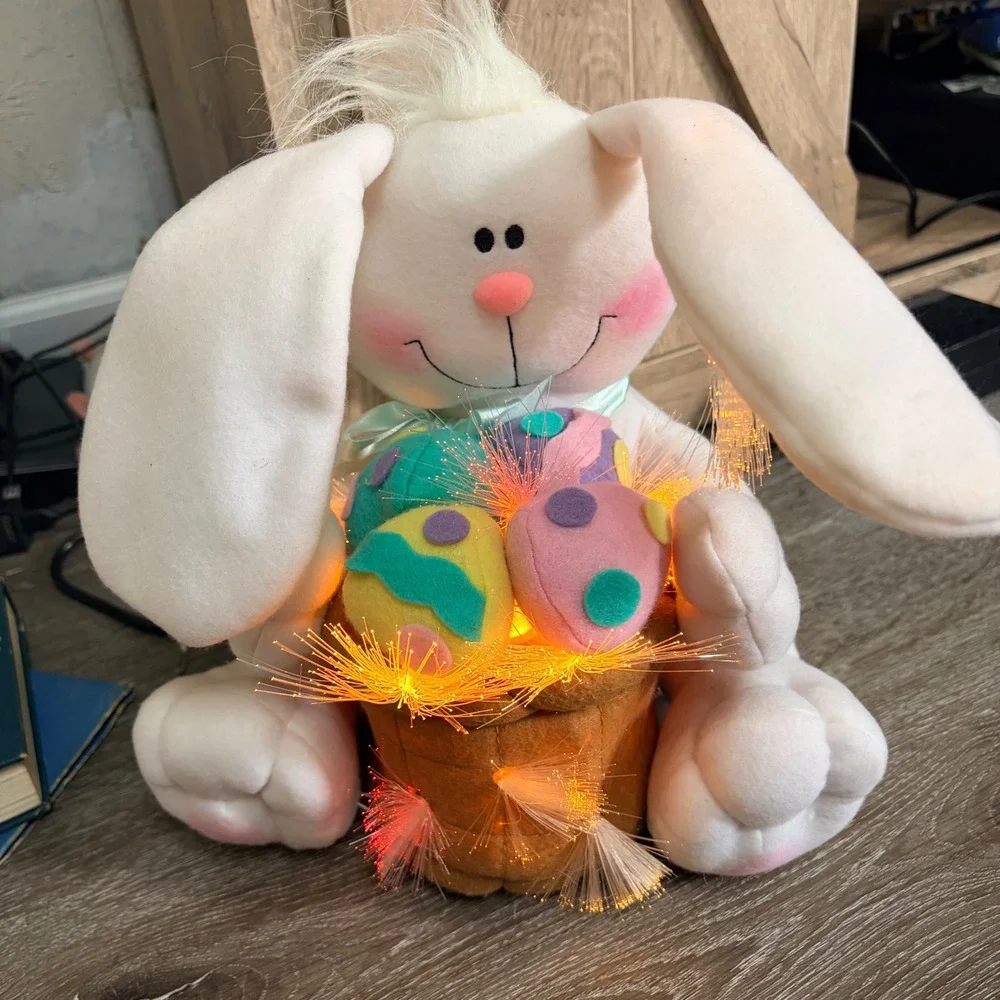 Vintage Fiber Optic Light Up Easter Bunny Plush Basket with Eggs Style Decor